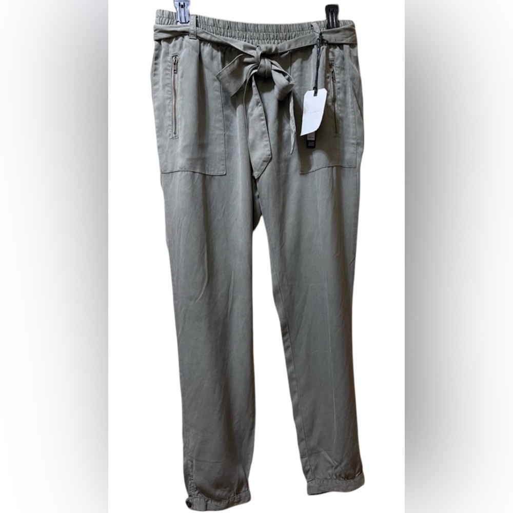 TAHARI PAPERBAG TROUSER PANTS GREEN COLOR WOMEN TIE WAIST CUFFED TAPERED SIZE S